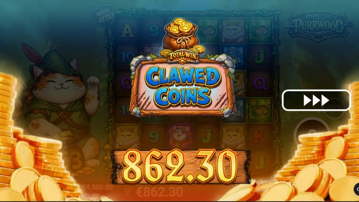 Prince of Purrwood slot game interface with cat characters and medieval forest theme